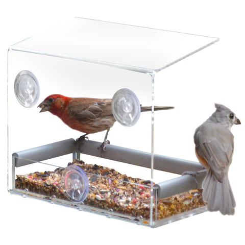Petfusion Tranquility Window Bird Feeder in PREMIUM LUCITE ACRYLIC. [Removable Tray, 3 Perches] - PetFusion